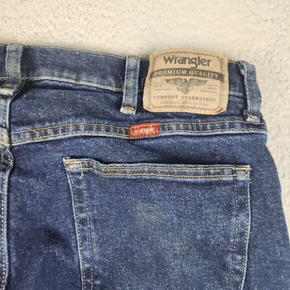 Wrangler Jeans Mens 34x32 Blue Slim Fit Straight Leg Dark Wash Cowboy Workwear - Picture 7 of 12